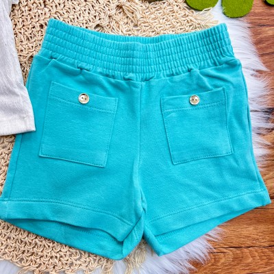 Conj. Batinha em Linho com Flores Bordadas e Short - Verde Água e Areia